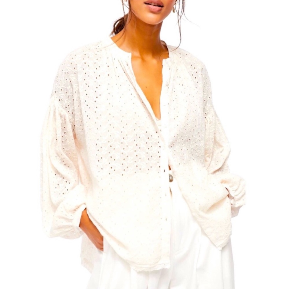 Free People Maddison Eyelet Blouse Ivory NWT Sz L